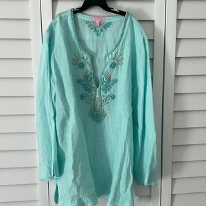 Lilly Pulitzer Amelia Island Tunic Seasalt Blue Linen Top Blouse Large